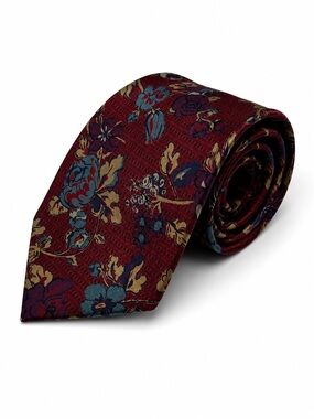 Valentino Vintage Men's Floral Silk Tie in Burgundy with Teal and Gold Accents